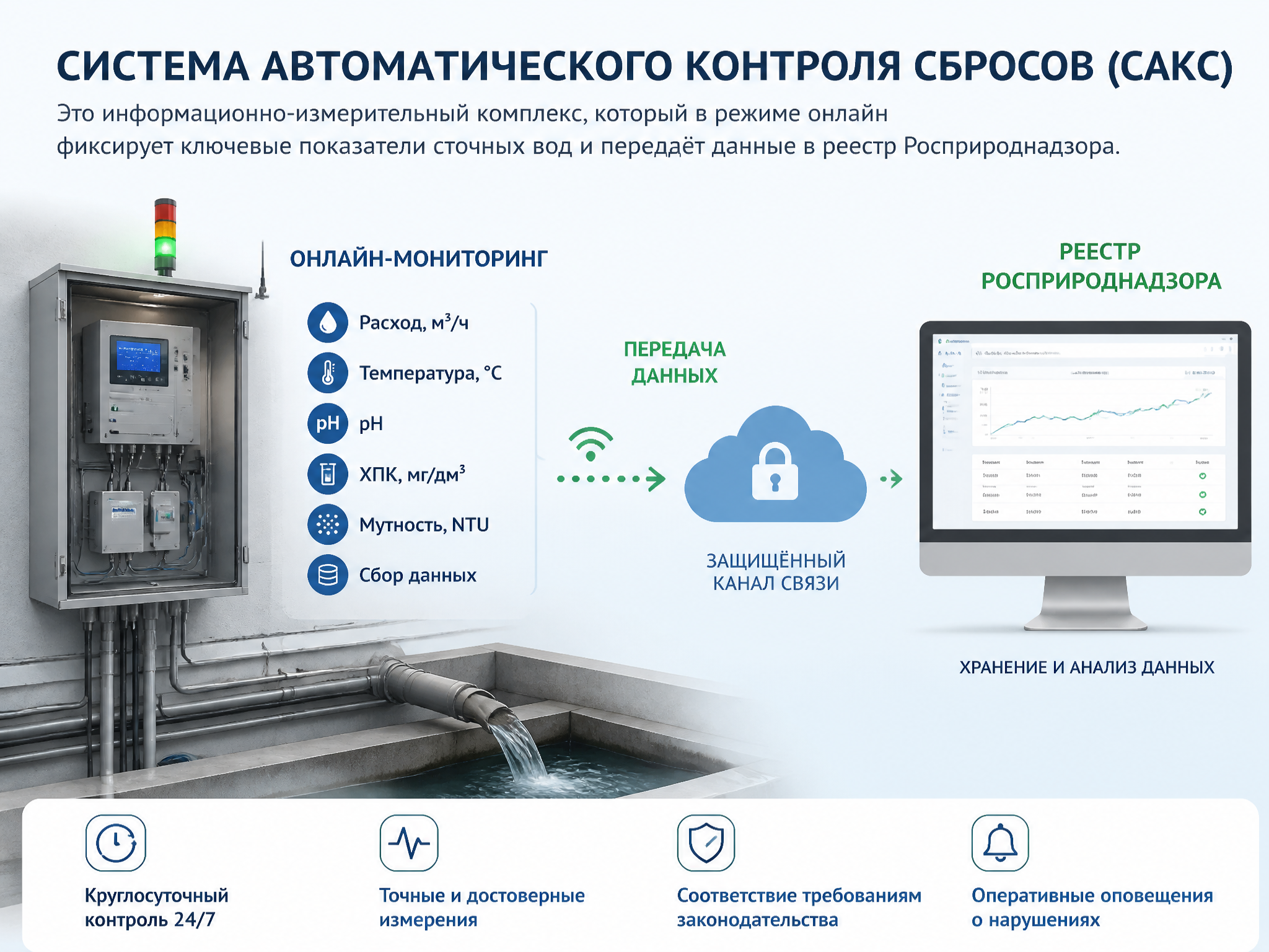 Комплектация системы автоматического контроля сбросов (САКС) расходомерами и датчиками качества воды